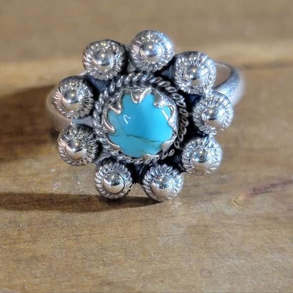 Vintage Jewelry - Native Tibetan Turquoise Gemstone Ring 7 Sterling Silver Boho Jewelry
